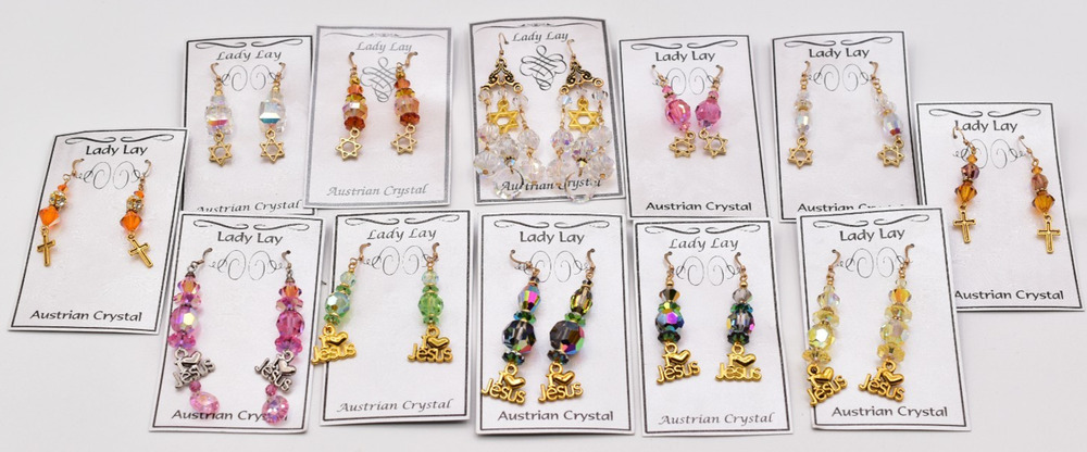 Vintage Austrian Crystal Earrings Lot 12 Pair Cross Star of David Jesus Dangle
